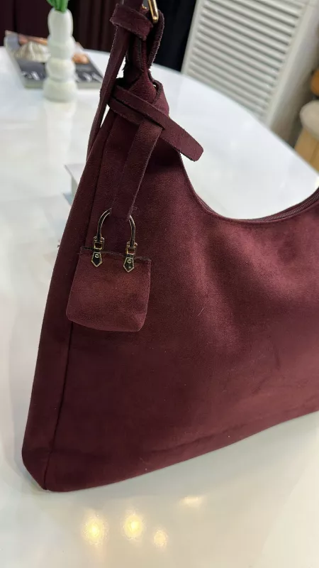 Bordo Süet Kemer Askılı Çanta