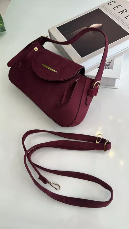 Bordo Süet Gold Detaylı Çanta