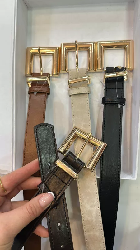 Krem Kare Gold Detaylı Kemer