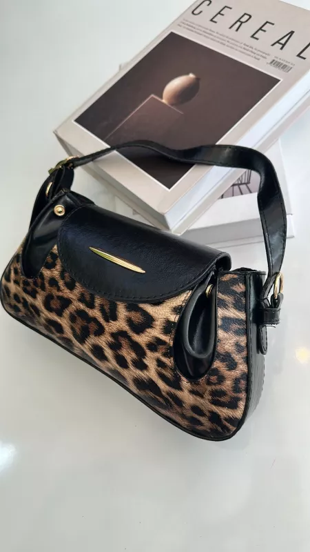 Siyah Leopar Gold Detaylı Çanta