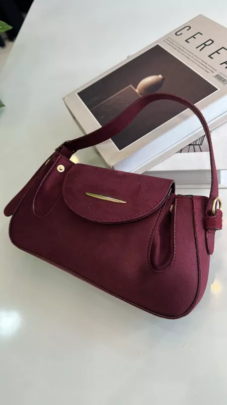 Bordo Süet Gold Detaylı Çanta
