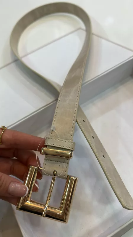 Krem Kare Gold Detaylı Kemer