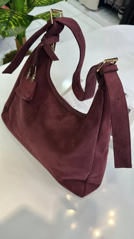 Bordo Süet Kemer Askılı Çanta