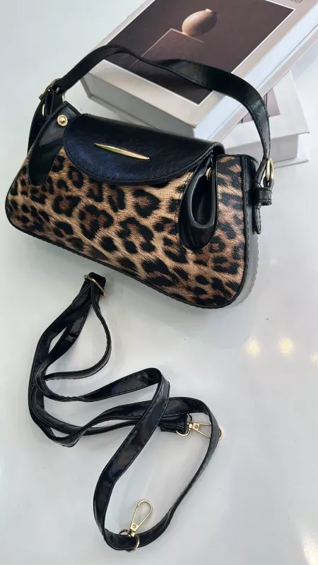 Siyah Leopar Gold Detaylı Çanta