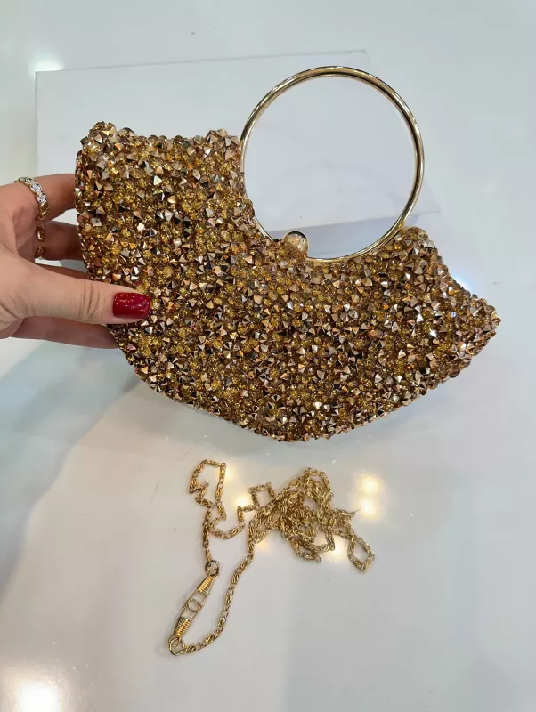 Gold Taşlı Abiye Çanta
