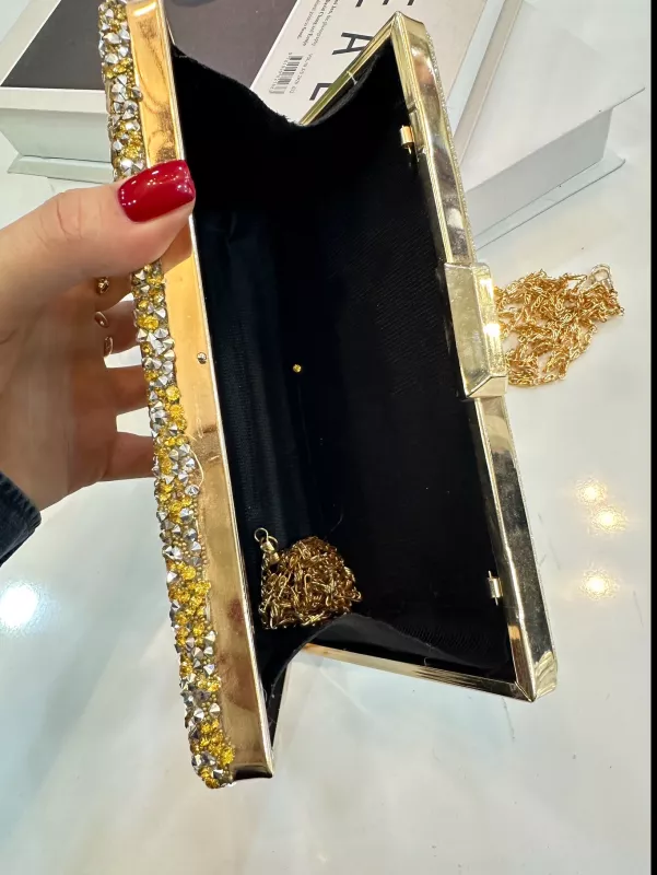 Gold Gümüş Taşlı Kare Çanta