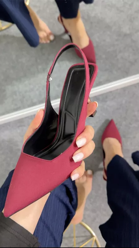 Bordo Kumaş Dokulu Topuklu 