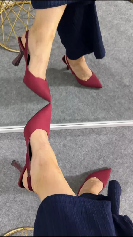 Bordo Kumaş Dokulu Topuklu 