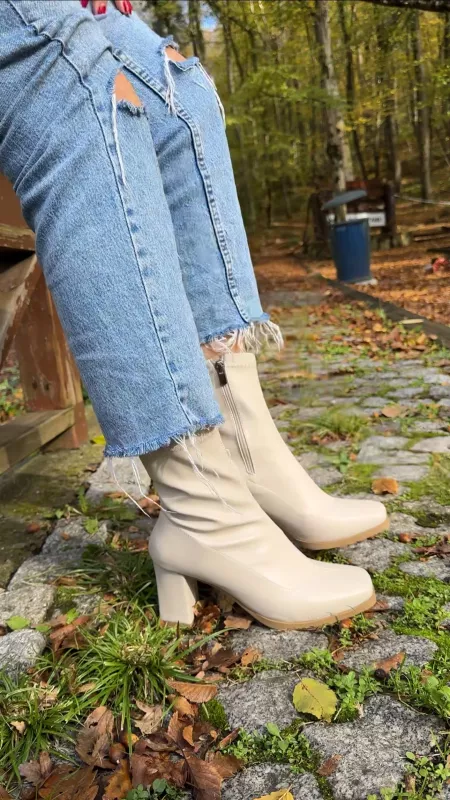 Krem Streç Topuklu 7 cm