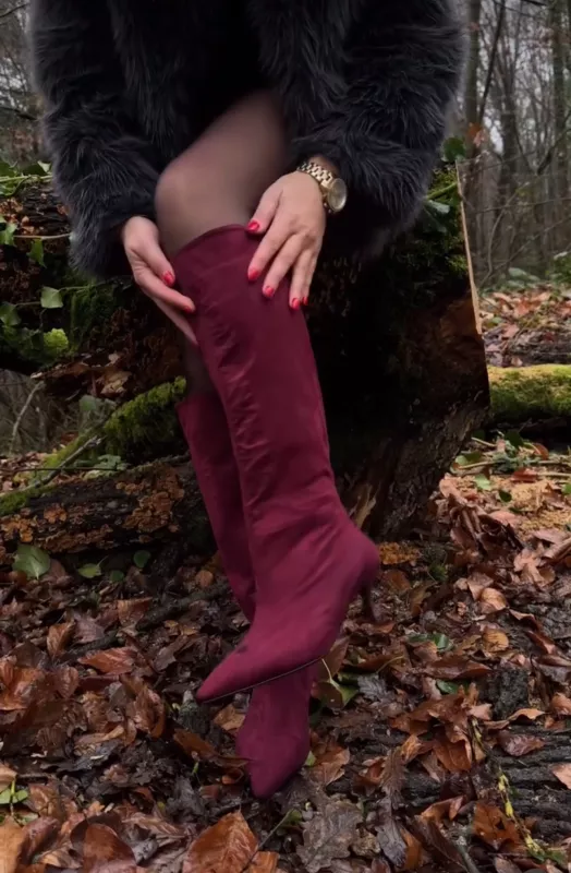 Bordo Süet Topuklu Çizme 5 cm 