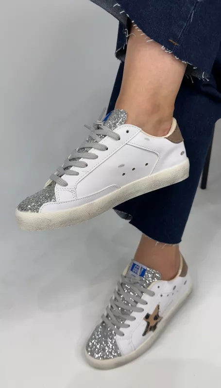 Beyaz Leopar Taşlı Spor Ayakkabı