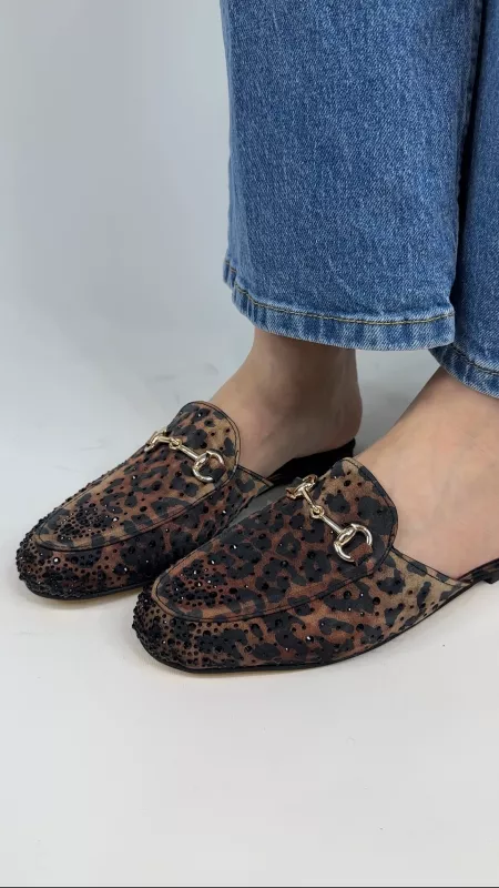Leopar Taşlı Düz Terlik 