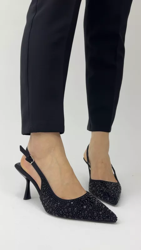 Siyah Taşlı Topuklu 7 cm  