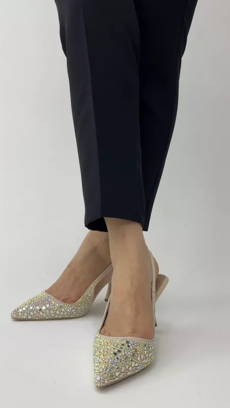 Krem Taşlı Topuklu 7 cm 