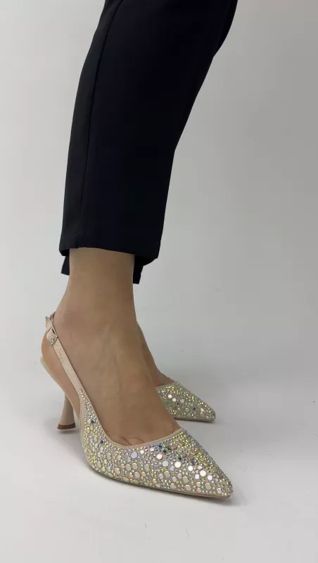 Krem Taşlı Topuklu 7 cm 