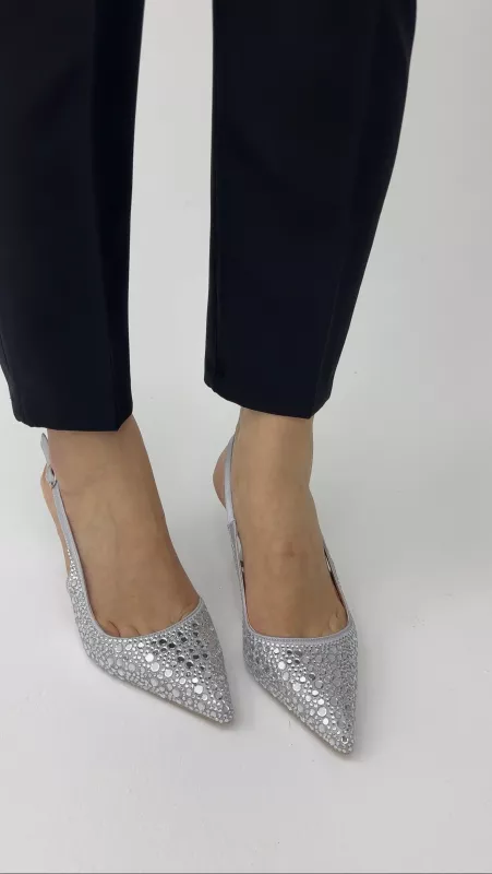 Gümüş Taşlı Topuklu 7 cm 