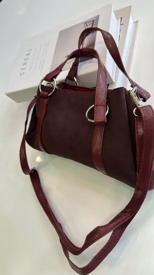 Bordo Süet Deri Detaylı Çanta