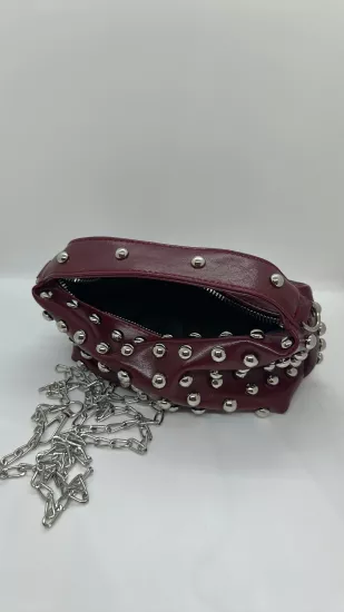 Bordo Zımba Detaylı Mini Çanta