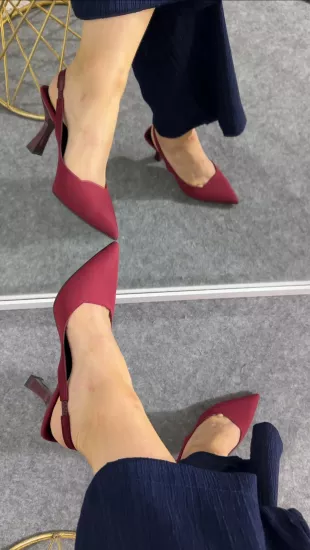 Bordo Kumaş Dokulu Topuklu 