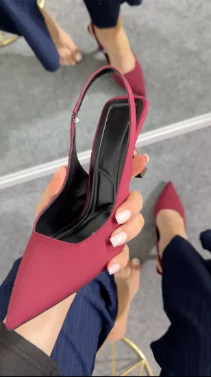 Bordo Kumaş Dokulu Topuklu 