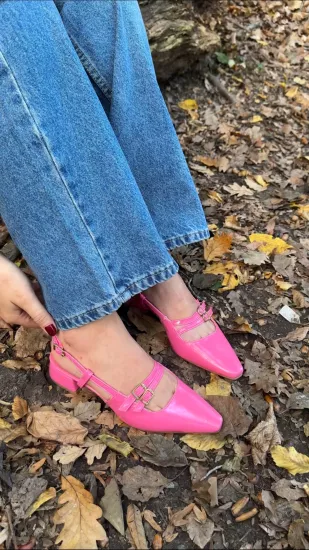 Pembe Çift Tokalı Topuklu Babet 