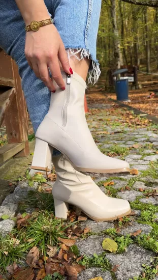 Krem Streç Topuklu 7 cm
