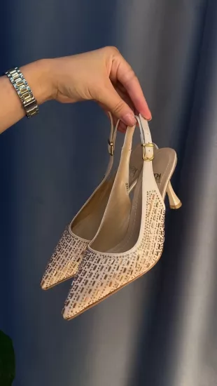 Krem Saten Taşlı Topuklu 7 cm 