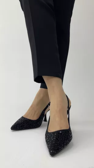 Siyah Taşlı Topuklu 7 cm 