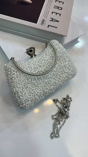 Beyaz Taşlı Abiye Çanta 