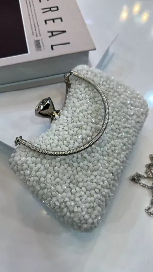 Beyaz Taşlı Abiye Çanta 