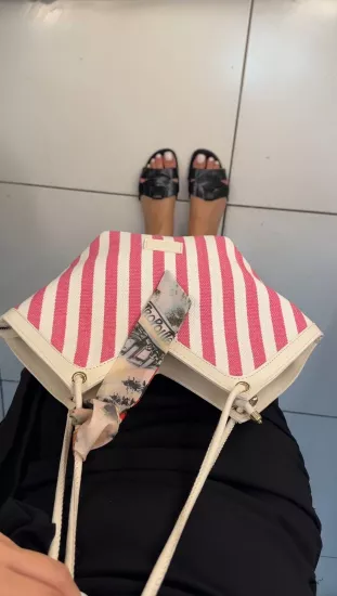 Beyaz Pembe Hasır Fularlı Çanta