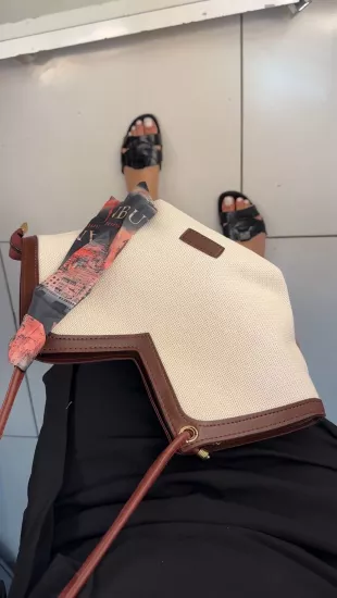 Krem Bordo Hasır Fularlı Çanta