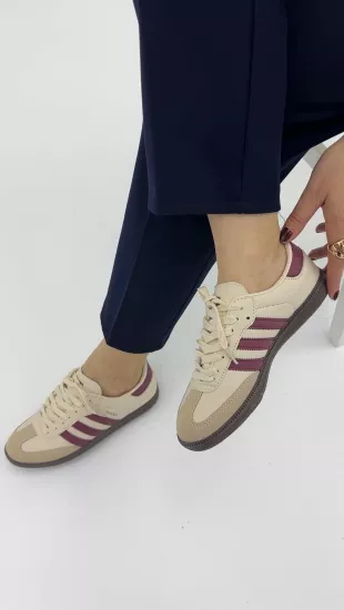 Krem Bordo Şeritli Spor Ayakkabı 