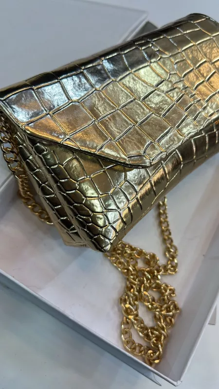 Kroko Desenli Gold Çanta