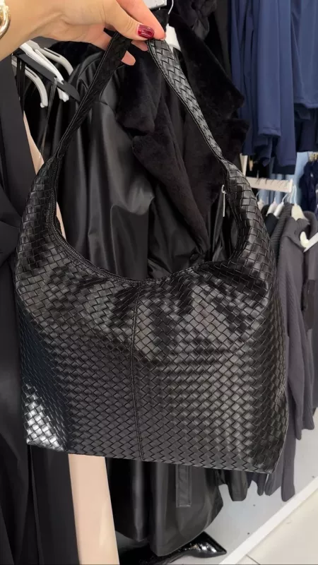 Siyah Sepet Desen Deri Çanta